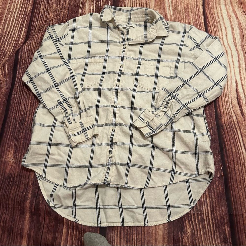 Women’s Madewell Flannel Button Down Shirt Off White and Navy Blue Stripe Size S